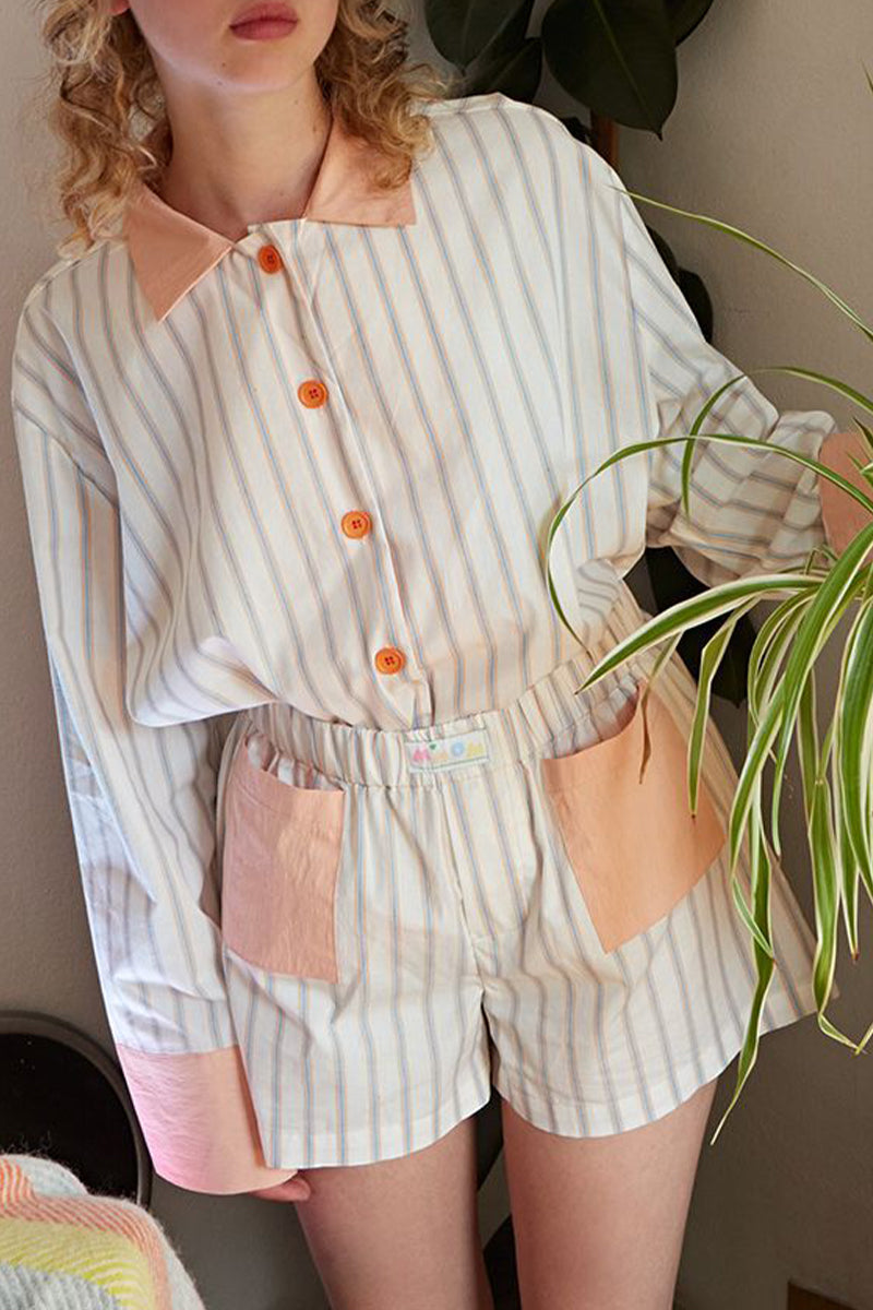 Daily Stripe Patchwork Contrast Turndown Collar Long Sleeve Two Pieces