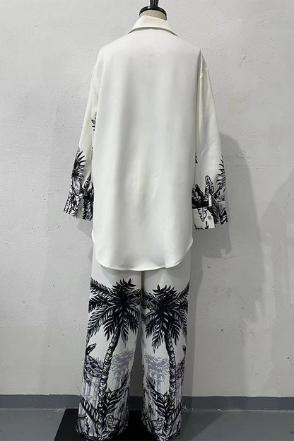 Landscape Printing Buttons Turndown Collar Long Sleeve Two Pieces