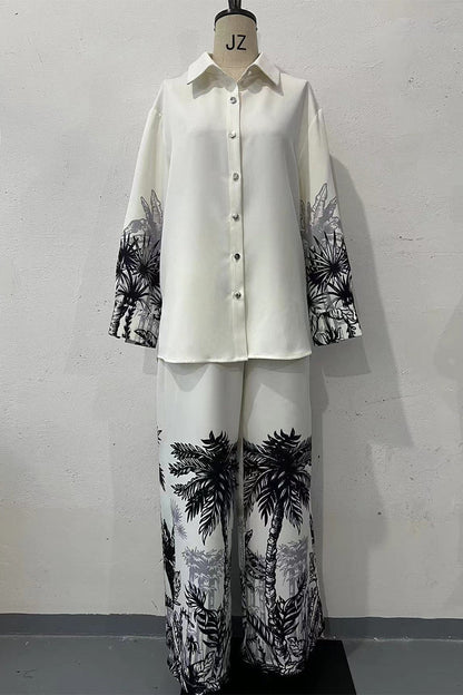 Landscape Printing Buttons Turndown Collar Long Sleeve Two Pieces