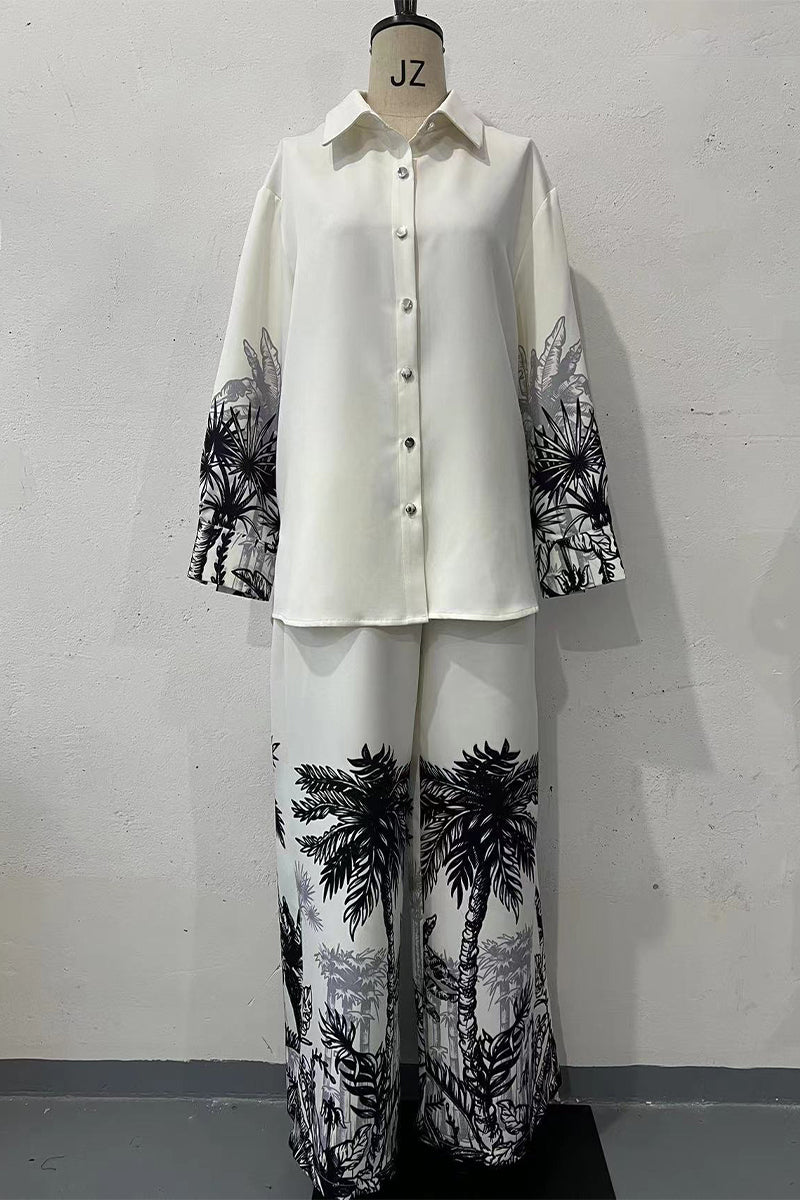Landscape Printing Buttons Turndown Collar Long Sleeve Two Pieces