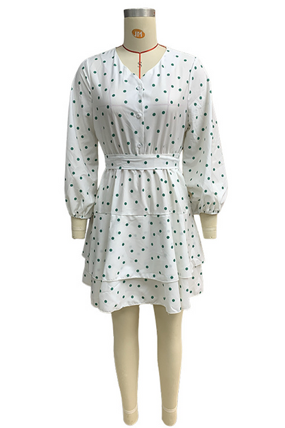 Street Polka Dot Lace Up V Neck Cake Skirt Dresses