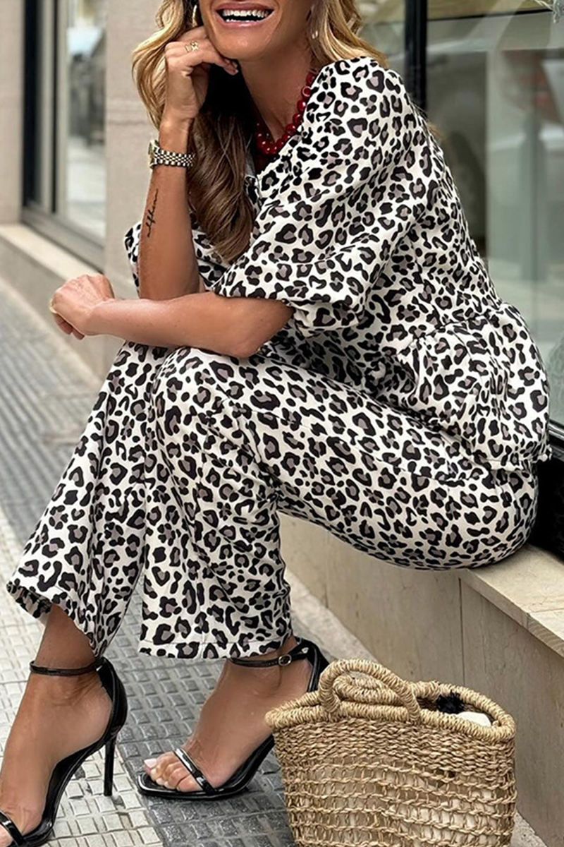 Street Leopard Patchwork O Neck Short Sleeve Two Pieces