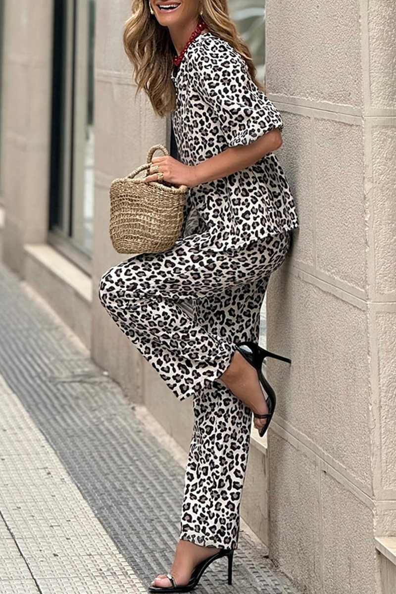 Street Leopard Patchwork O Neck Short Sleeve Two Pieces