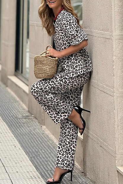 Street Leopard Patchwork O Neck Short Sleeve Two Pieces