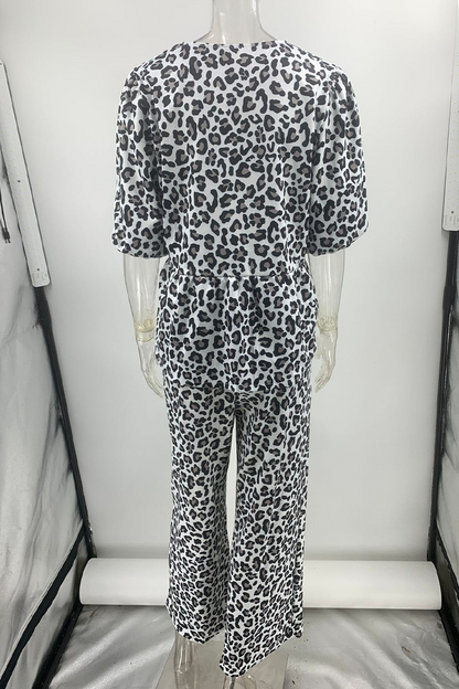 Street Leopard Patchwork O Neck Short Sleeve Two Pieces