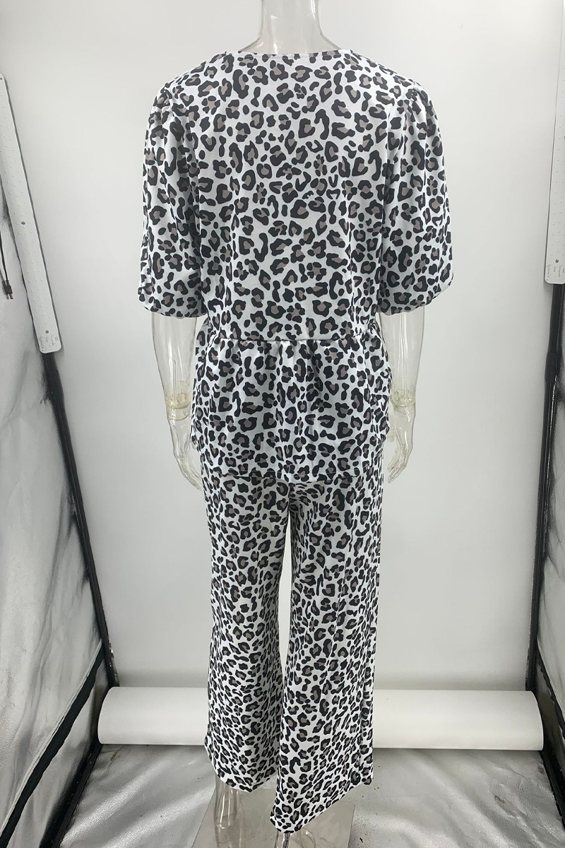Street Leopard Patchwork O Neck Short Sleeve Two Pieces