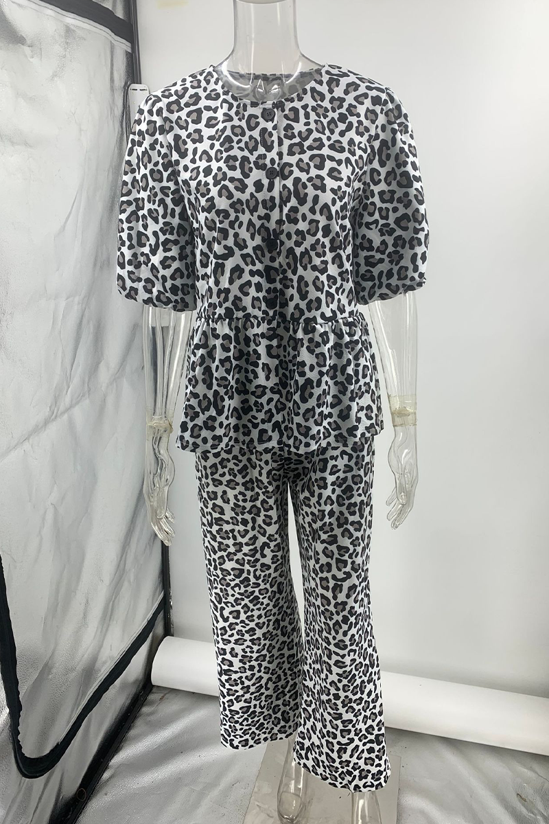 Street Leopard Patchwork O Neck Short Sleeve Two Pieces