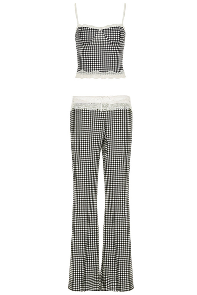 Plaid Lace Patchwork Backless Spaghetti Strap Sleeveless Two Pieces