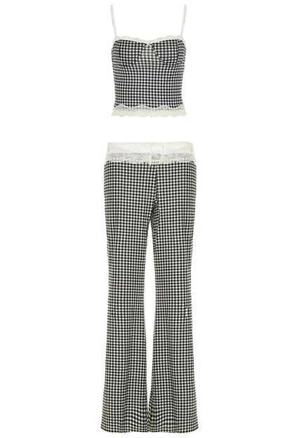 Plaid Lace Patchwork Backless Spaghetti Strap Sleeveless Two Pieces