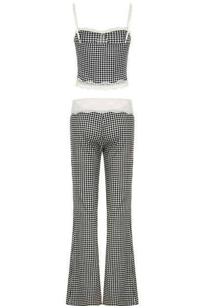 Plaid Lace Patchwork Backless Spaghetti Strap Sleeveless Two Pieces
