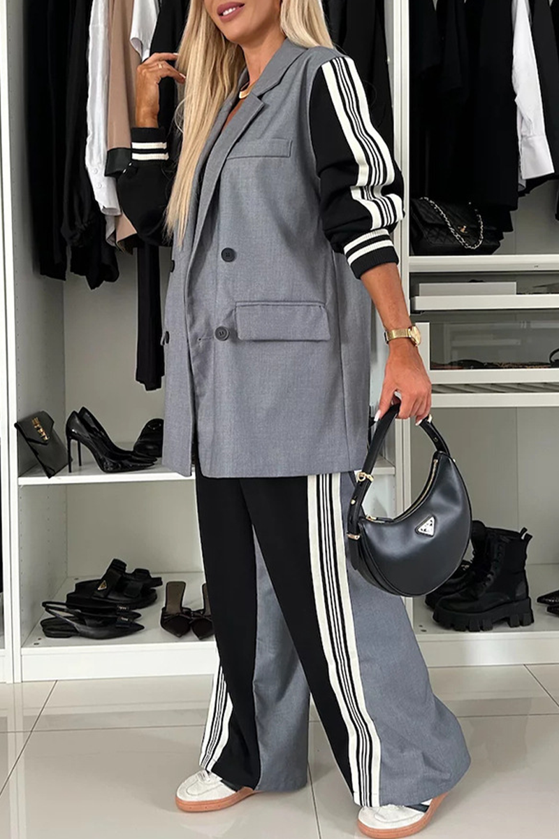 Stripe Buckle Patchwork Contrast Turn-back Collar Long Sleeve Two Pieces