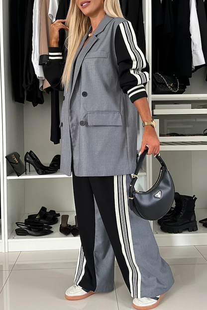 Stripe Buckle Patchwork Contrast Turn-back Collar Long Sleeve Two Pieces