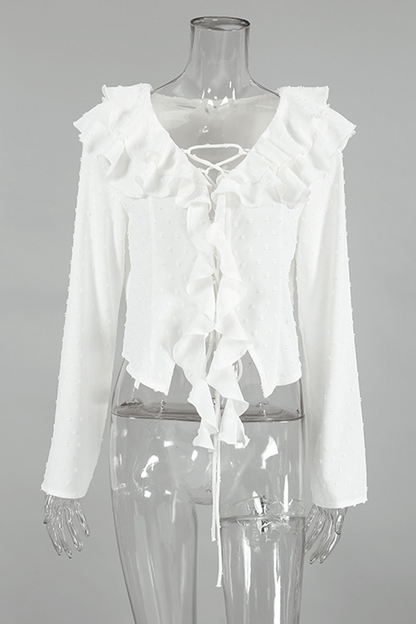 Daily Lace Up Ruffle Fur Ball Lotus Leaf Collar Blouses