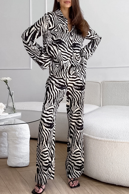 Vacation Zebra Print Pocket Contrast Turndown Collar Long Sleeve Two Pieces