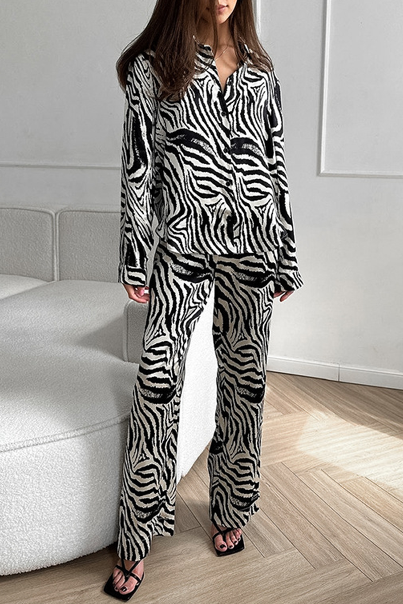 Vacation Zebra Print Pocket Contrast Turndown Collar Long Sleeve Two Pieces