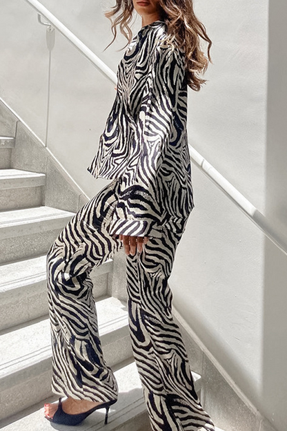 Vacation Zebra Print Pocket Contrast Turndown Collar Long Sleeve Two Pieces