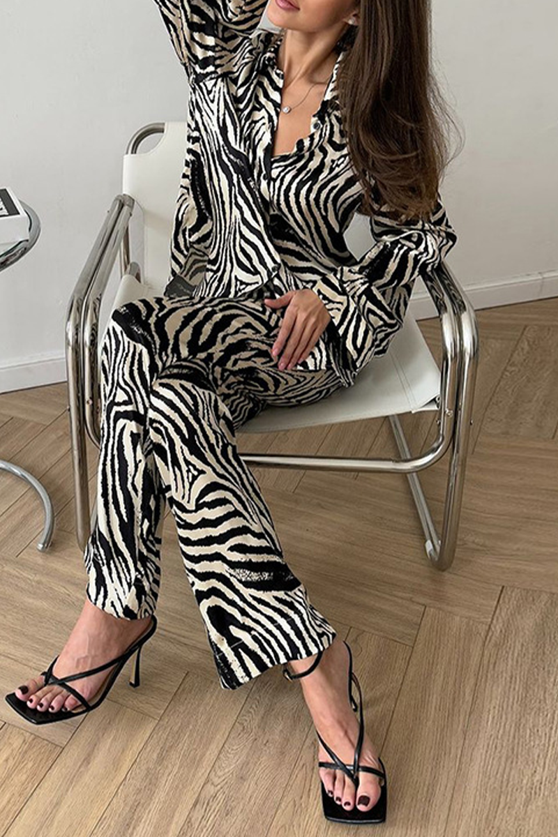 Vacation Zebra Print Pocket Contrast Turndown Collar Long Sleeve Two Pieces