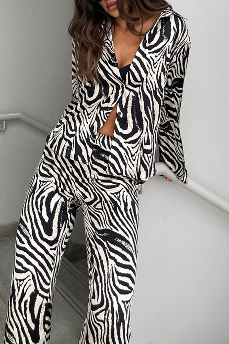 Vacation Zebra Print Pocket Contrast Turndown Collar Long Sleeve Two Pieces