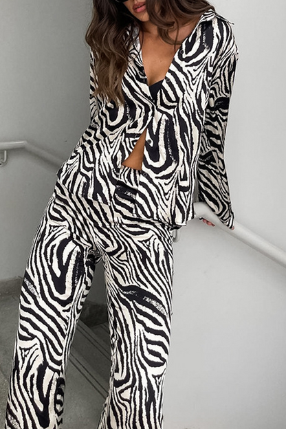 Vacation Zebra Print Pocket Contrast Turndown Collar Long Sleeve Two Pieces