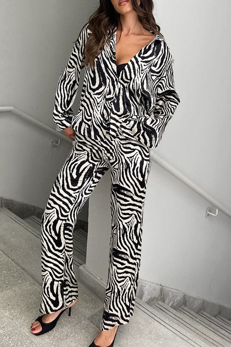 Vacation Zebra Print Pocket Contrast Turndown Collar Long Sleeve Two Pieces