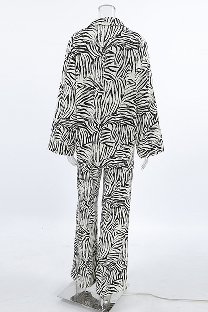 Vacation Zebra Print Pocket Contrast Turndown Collar Long Sleeve Two Pieces