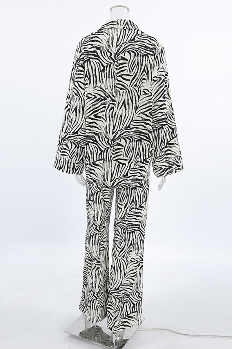 Vacation Zebra Print Pocket Contrast Turndown Collar Long Sleeve Two Pieces