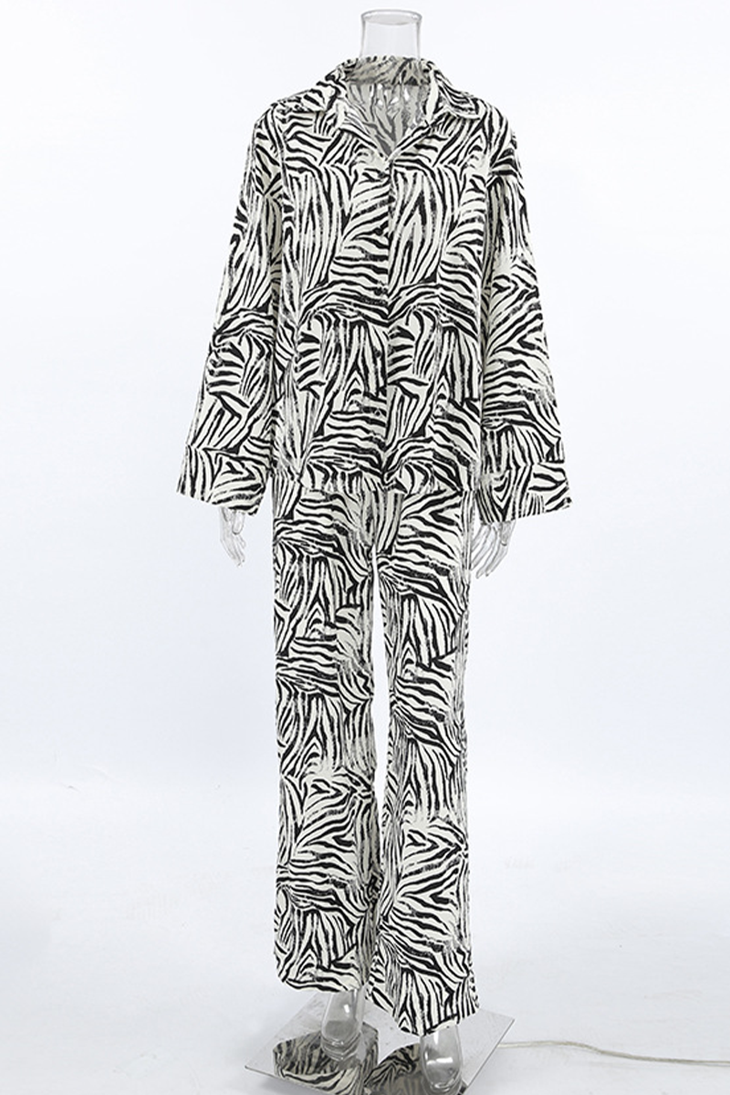 Vacation Zebra Print Pocket Contrast Turndown Collar Long Sleeve Two Pieces