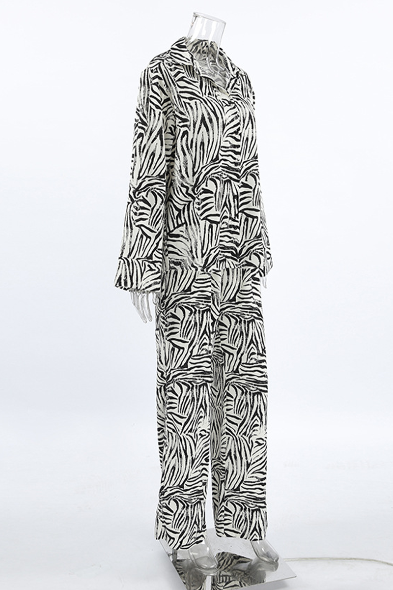 Vacation Zebra Print Pocket Contrast Turndown Collar Long Sleeve Two Pieces