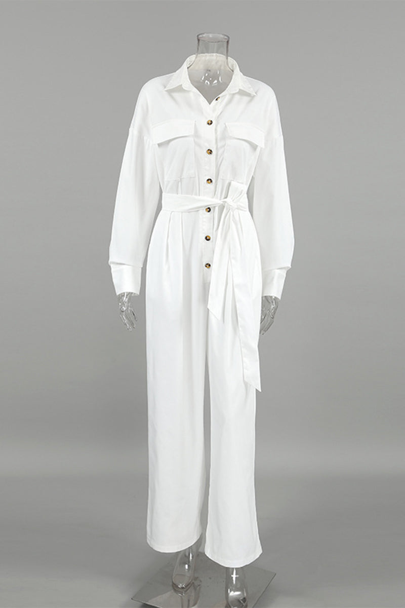 Street Lace Up Buttons Turndown Collar Loose Jumpsuits