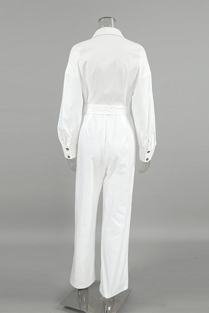 Street Lace Up Buttons Turndown Collar Loose Jumpsuits