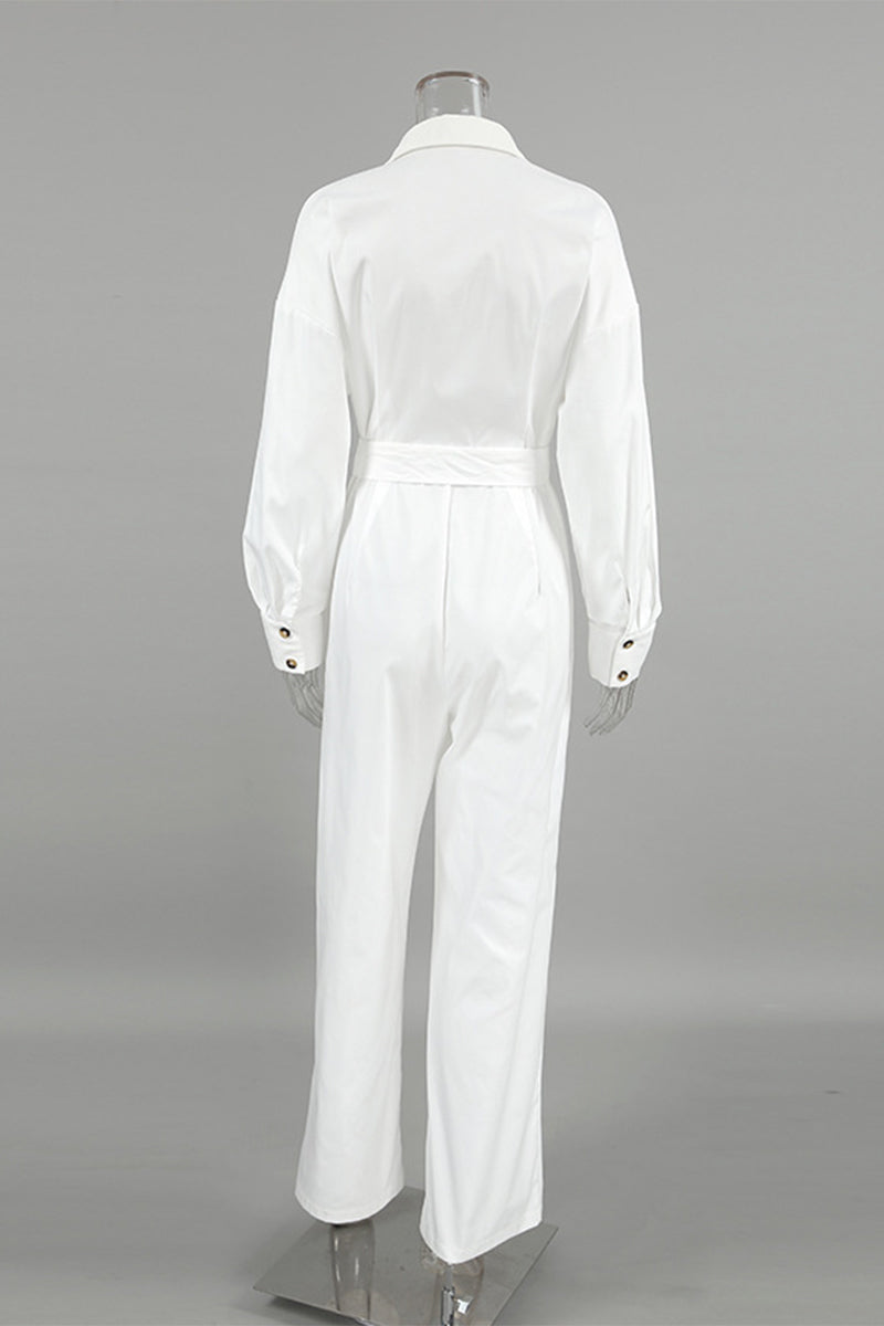 Street Lace Up Buttons Turndown Collar Loose Jumpsuits