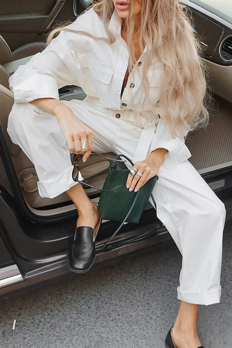 Street Lace Up Buttons Turndown Collar Loose Jumpsuits