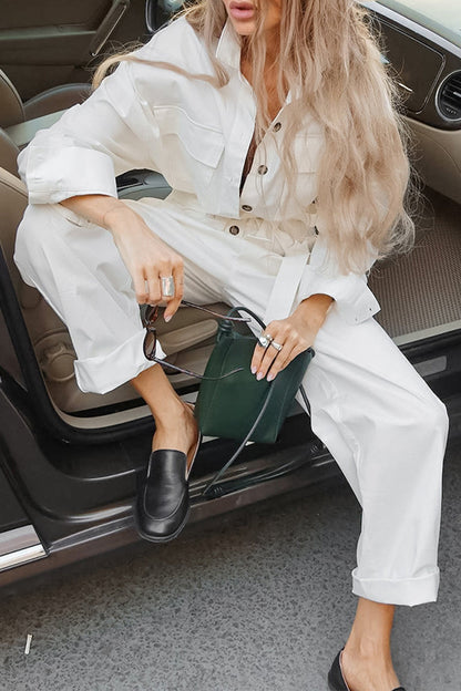 Street Lace Up Buttons Turndown Collar Loose Jumpsuits