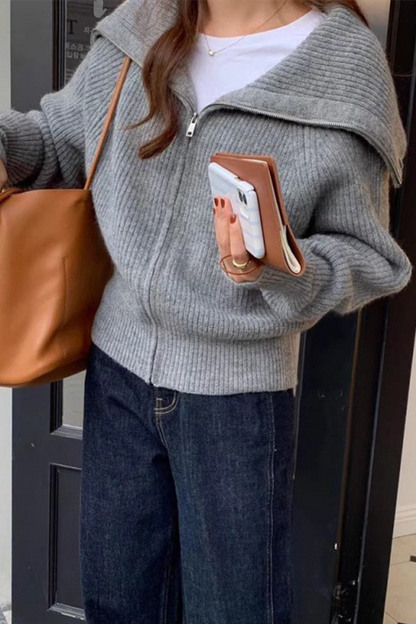 Zipper Turndown Collar Cardigans(7 Colors)