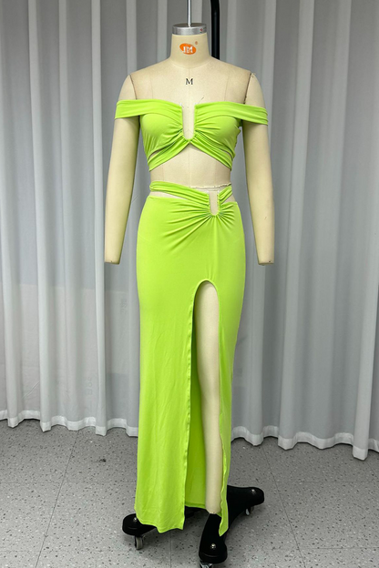 Slit Irregular Off Shoulder Short Sleeve Two Pieces