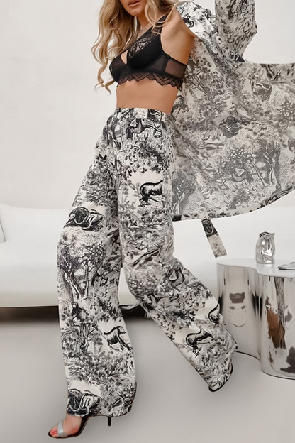 Street Landscape Printing Lace Up Contrast V Neck Long Sleeve Two Pieces