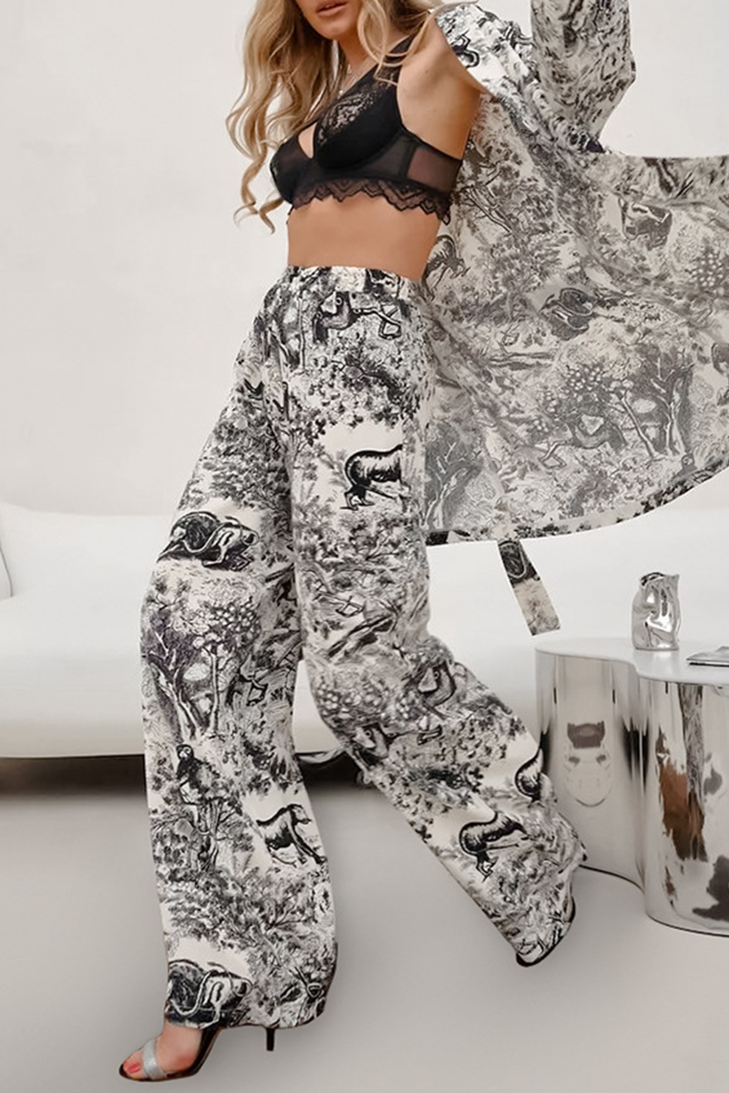 Street Landscape Printing Lace Up Contrast V Neck Long Sleeve Two Pieces