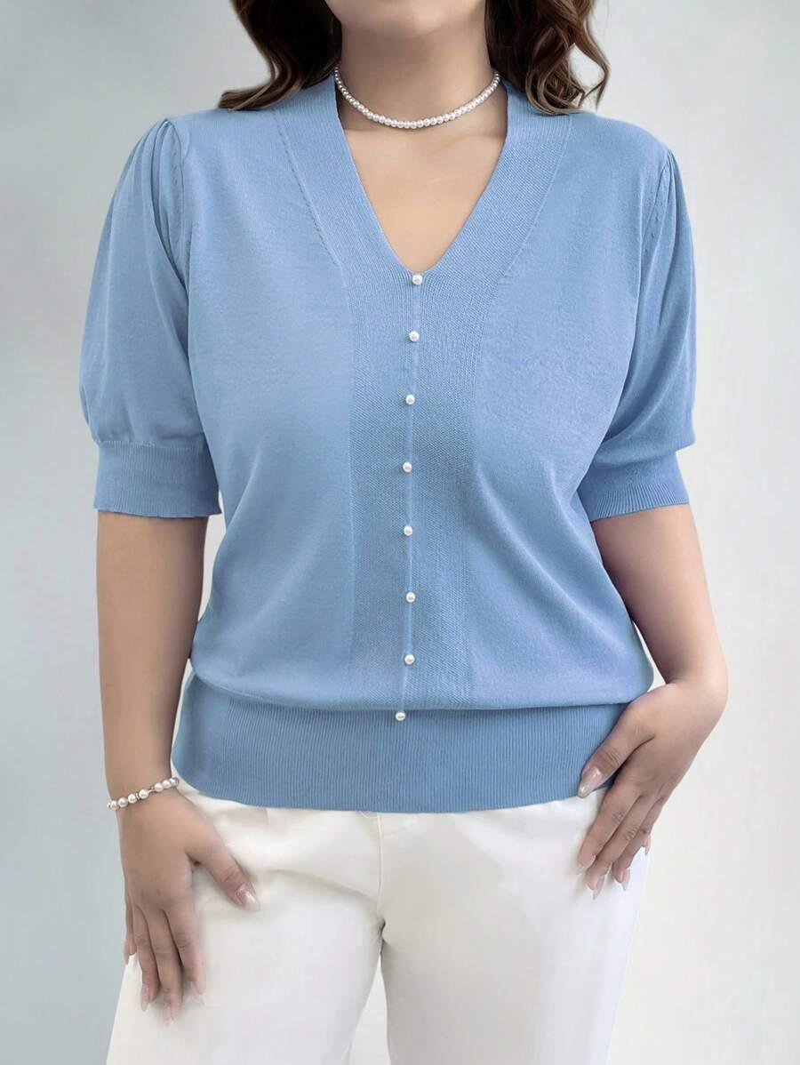 V Neck Puff Sleeve Knit Pullover Sweater
