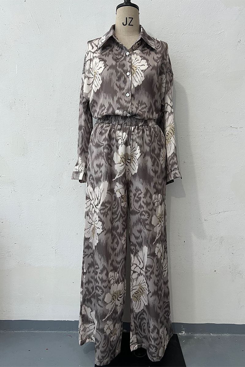 Print Buttons Turndown Collar Long Sleeve Two Pieces