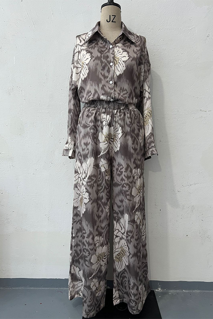 Print Buttons Turndown Collar Long Sleeve Two Pieces