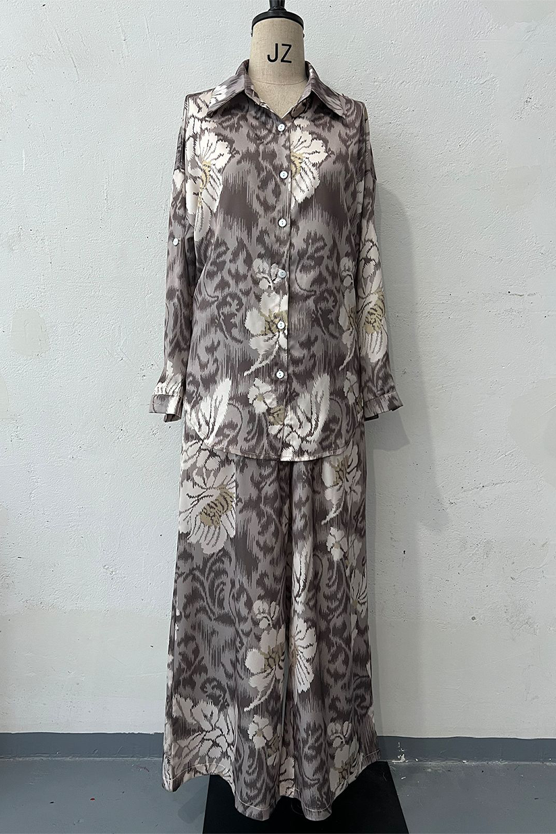 Print Buttons Turndown Collar Long Sleeve Two Pieces