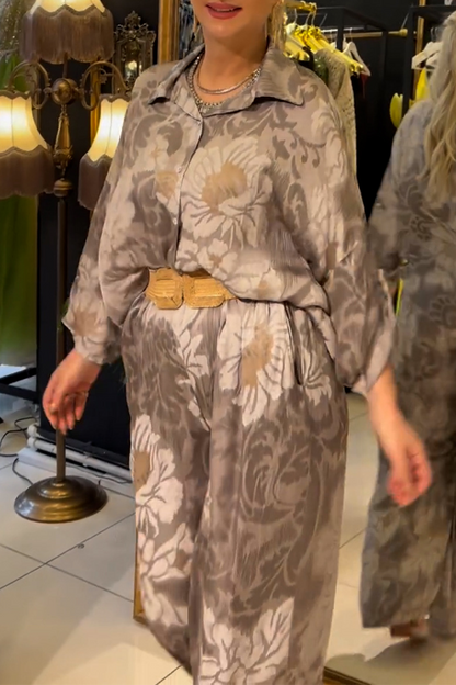 Print Buttons Turndown Collar Long Sleeve Two Pieces