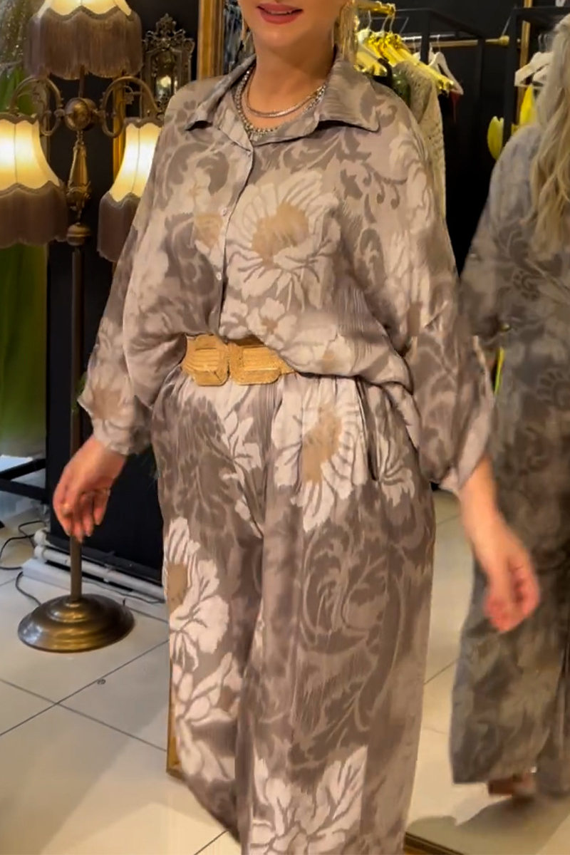 Print Buttons Turndown Collar Long Sleeve Two Pieces