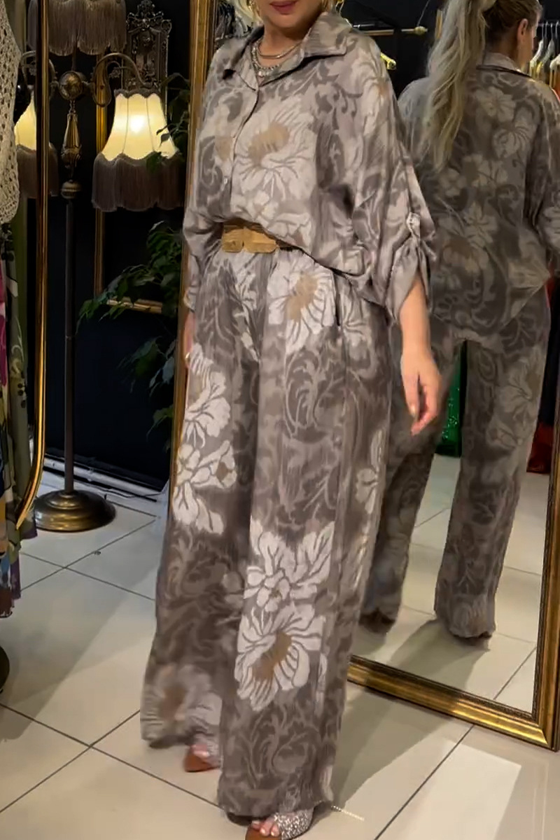 Print Buttons Turndown Collar Long Sleeve Two Pieces