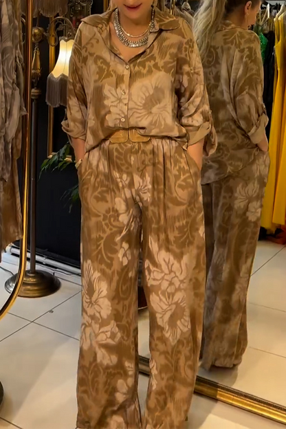 Print Buttons Turndown Collar Long Sleeve Two Pieces