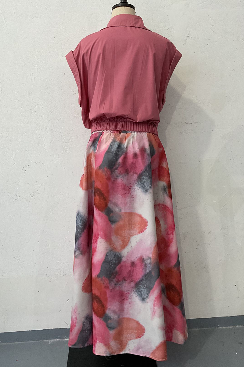 Street Gradient Print Pocket Patchwork Contrast V Neck Short Sleeve Two Pieces