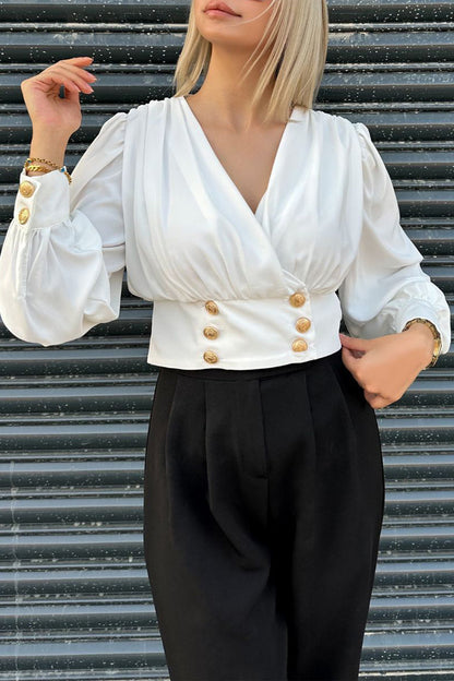 Daily Color Buttons V Neck Blouses(4 Colors)