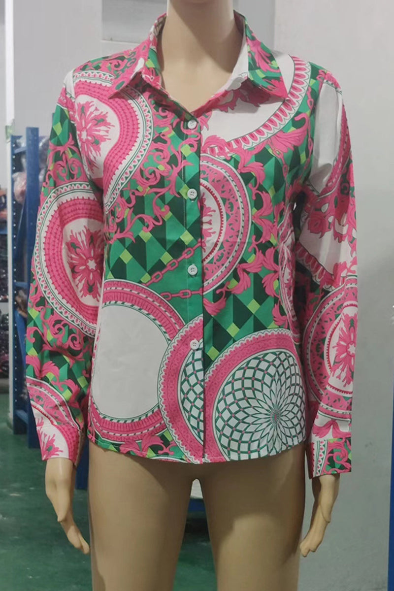 Print Buttons Contrast Turndown Collar Blouses