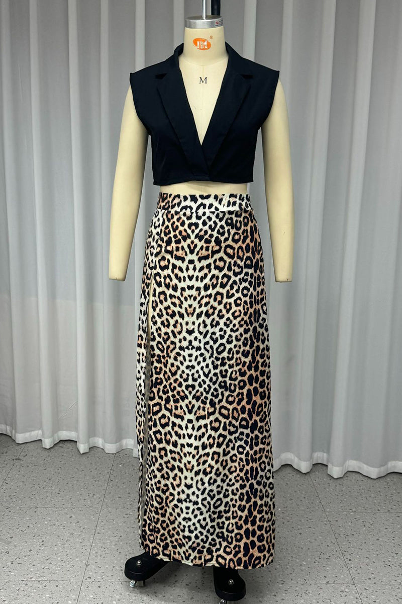 Street Leopard Slit V Neck Sleeveless Two Pieces