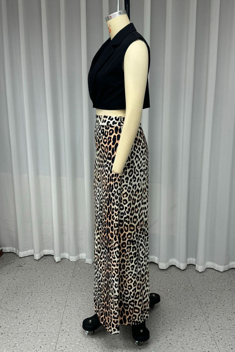 Street Leopard Slit V Neck Sleeveless Two Pieces